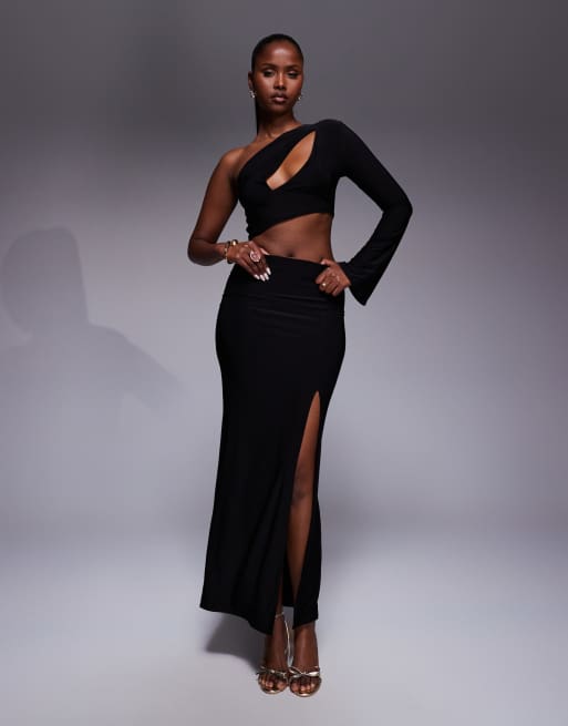 Kaiia exclusive double layered slinky side split maxi skirt and crop top set in black