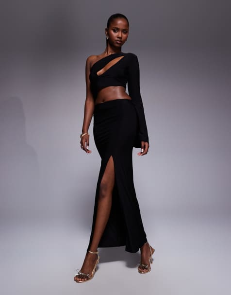 Kaiia exclusive double layered slinky side split maxi skirt co-ord in black - view 1