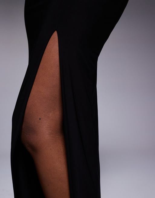 Kaiia exclusive double layered slinky side split maxi skirt co-ord in black, 5 of 5
