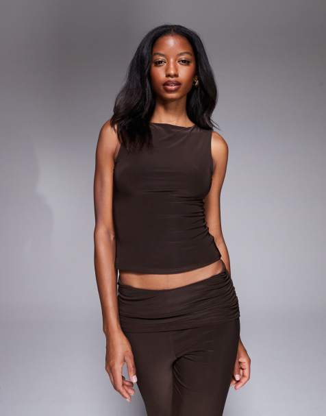 Kaiia exclusive double layered slinky slashneck top in chocolate - part of a set - view 1