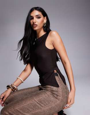 Kaiia exclusive double layered slinky sleeveless asymmetric side split top in chocolate-Brown