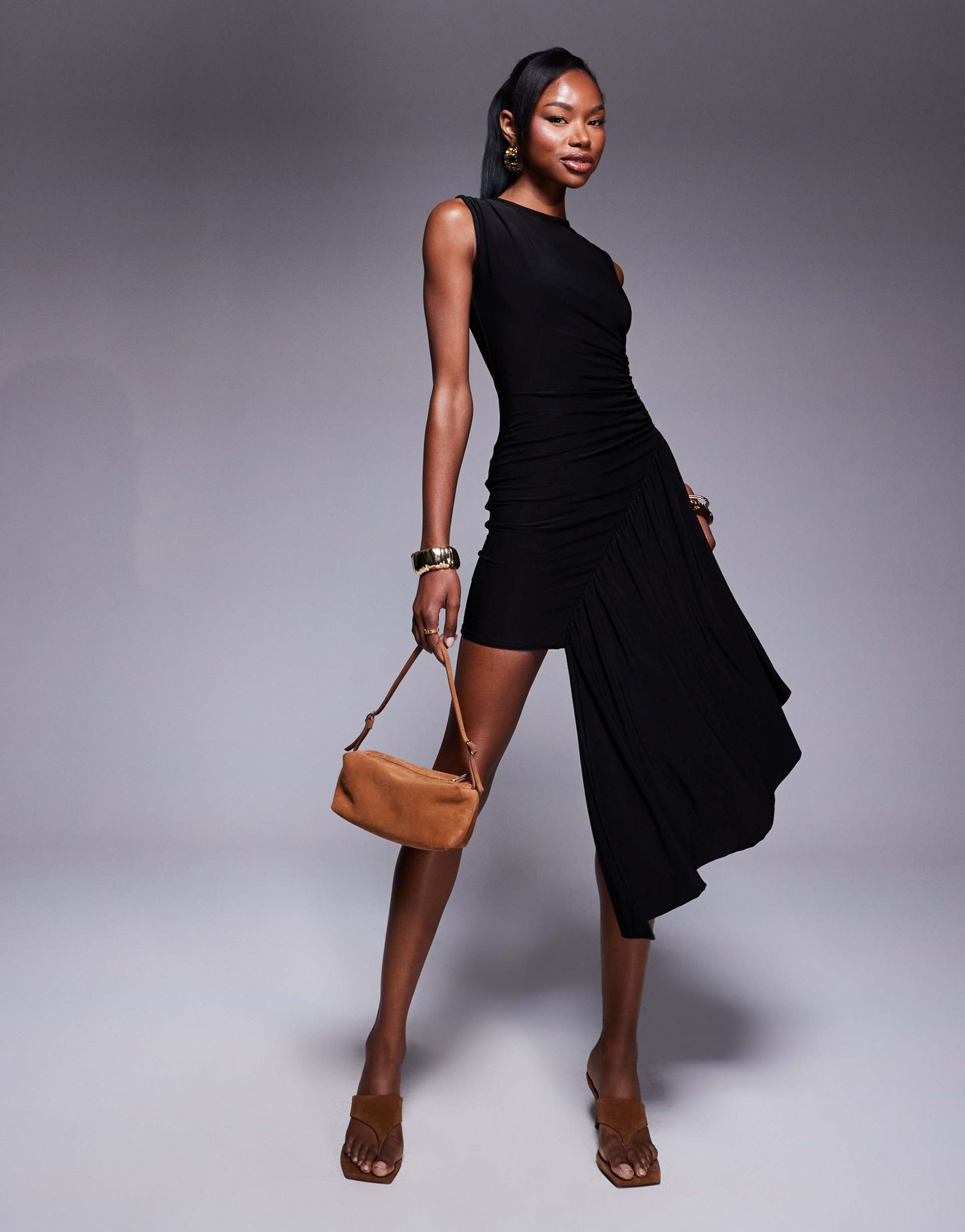 kaiia exclusive double layered slinky sleeveless asymmetric waist drape detail mini dress in black
