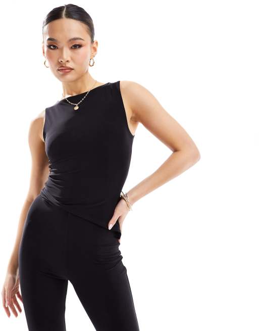 Kaiia exclusive double-layered slinky sleeveless side split asymmetric hem top in black (Part of a set) 