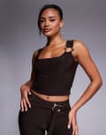 [Kaiia] Kaiia exclusive double-layered slinky square neck gold hardware detail crop top in chocolate (Part of a set)-Brown 4 Chocolate