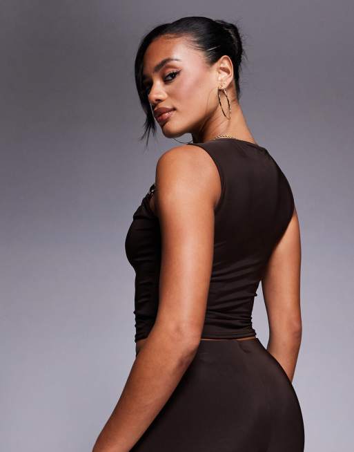 Kaiia exclusive double layered slinky square neck gold hardware detail crop top in chocolate - part of a set 