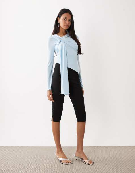 Kaiia exclusive double layered slinky tie drape detail long sleeve top in baby blue - view 1