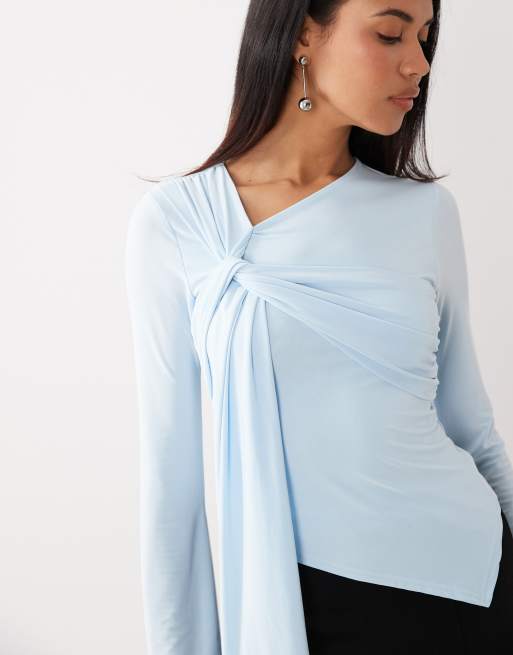 Kaiia exclusive double layered slinky tie drape detail long sleeve top in baby blue, 2 of 4