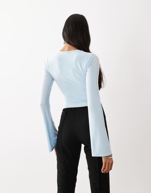 Kaiia exclusive double layered slinky tie drape detail long sleeve top in baby blue, 3 of 4