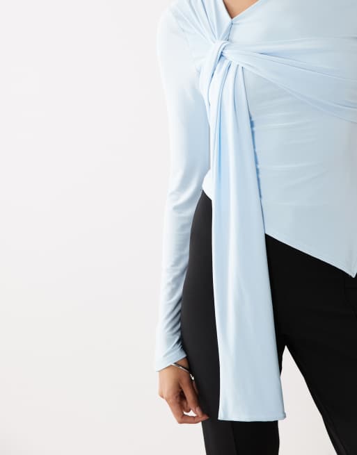 Kaiia exclusive double layered slinky tie drape detail long sleeve top in baby blue, 4 of 4