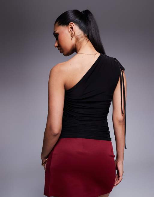 Kaiia exclusive double layered slinky tie one shoulder top in black  