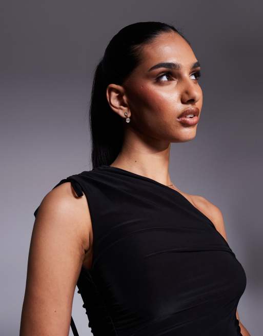 Kaiia exclusive double layered slinky tie one shoulder top in black  