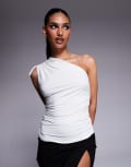 [Kaiia] Kaiia exclusive double-layered slinky tie one-shoulder top in white 6 WHITE
