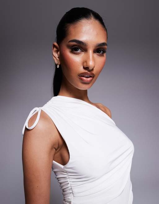 Kaiia exclusive double layered slinky tie one shoulder top in white  