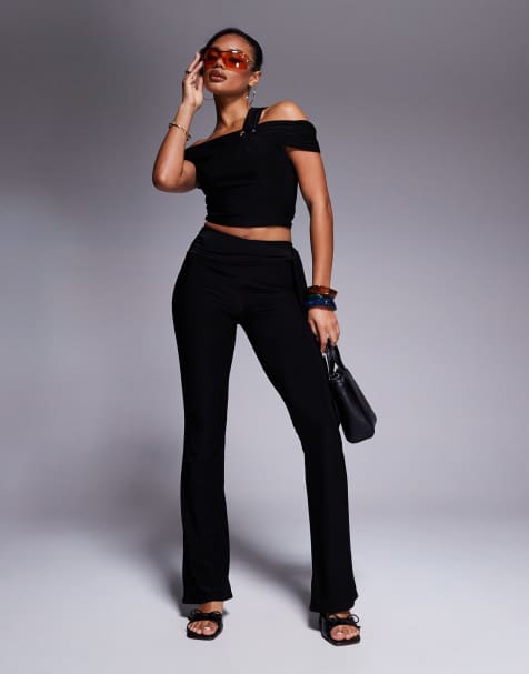 Kaiia exclusive double layered slinky tie side waist trousers co-ord in black 