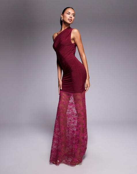 Kaiia exclusive double layered slinky twist off shoulder asymmetric sheer lace skirt maxi dress in berry - view 1