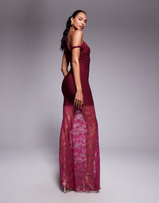 Kaiia Exclusive Double Layered Slinky Twist Off Shoulder Asymmetric Sheer Lace Skirt Maxi Dress In Purple