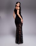 [Kaiia] Kaiia exclusive double layered slinky twist off shoulder asymmetric sheer lace skirt maxi dress in black 6 BLACK