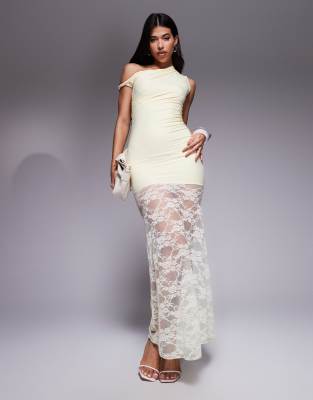 exclusive double layered slinky twist off shoulder asymmetric sheer lace skirt maxi dress in lemon-Yellow
