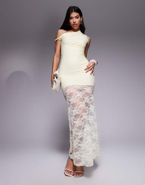 Kaiia exclusive double layered slinky twist off shoulder asymmetric sheer lace skirt maxi dress in lemon - view 1