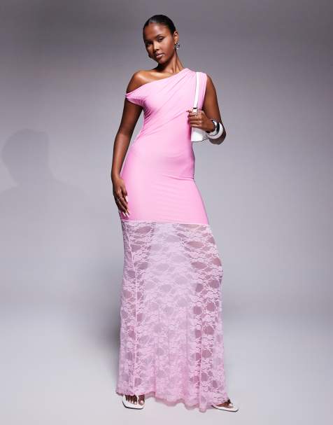 Kaiia exclusive double layered slinky twist off shoulder asymmetric sheer lace skirt maxi dress in pink - view 1