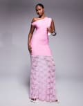 [Kaiia] Kaiia exclusive double layered slinky twist off shoulder asymmetric sheer lace skirt maxi dress in pink 6 PINK