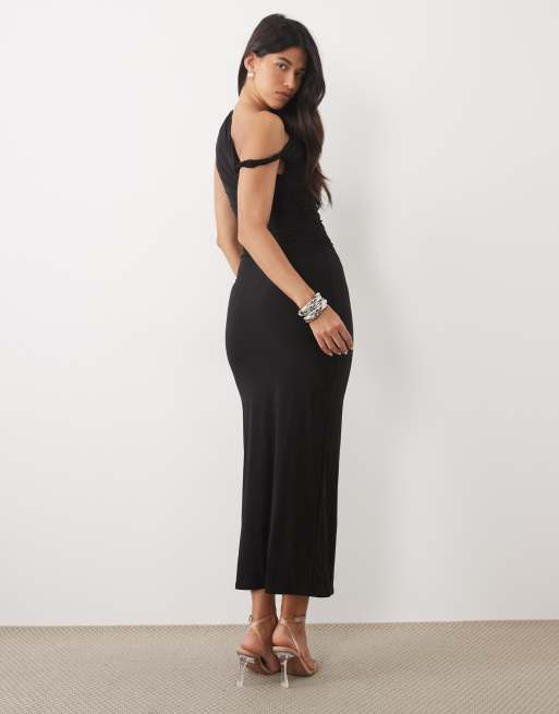 Kaiia exclusive double layered slinky twist off shoulder bodycon maxi dress in black  , 3 of 4