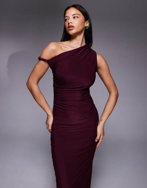 Kaiia exclusive double layered slinky twist off shoulder bodycon maxi dress in dark cherry