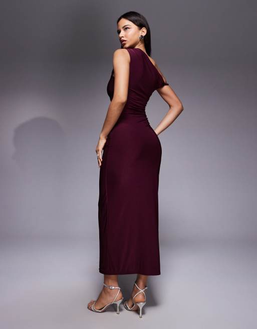 Kaiia exclusive double layered slinky twist off shoulder bodycon maxi dress in dark cherry