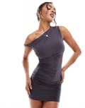 [Kaiia] Kaiia exclusive double-layered slinky twist off-shoulder bodycon mini dress in charcoal-Grey 14 CHARCOAL