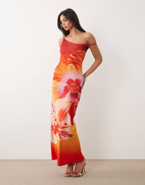 Kaiia exclusive double layered slinky twist off shoulder maxi dress in orange ombre floral - view 1