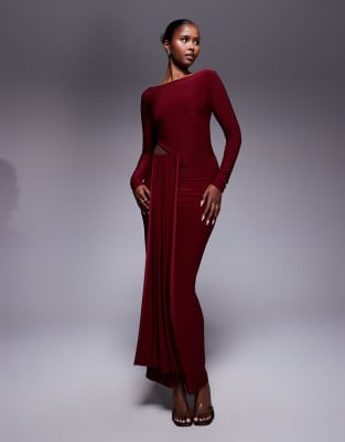 Kaiia exclusive double layered slinky waist drape cut out detail maxi dress in burgundy  - view 1