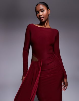 Kaiia Exclusive Double Layered Slinky Waist Drape Cut Out Detail Maxi Dress