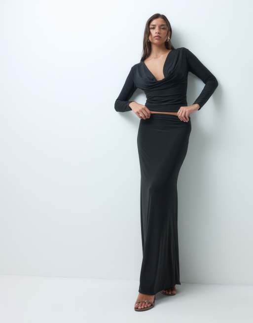 Kaiia exclusive double sculpted slinky cowl front top and skirt in black, 3 of 3
