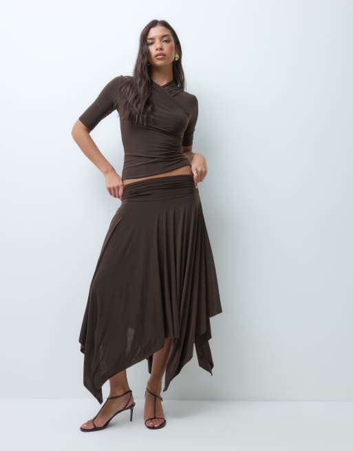 Kaiia exclusive double sculpted slinky wrap front detail 3/4 sleeve top and skirt  in chocolate, 3 of 3
