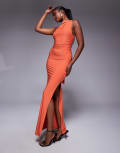 [Kaiia] Kaiia exclusive double sculpted slinky one shoulder scarf detail side split maxi dress in orange 16 ORANGE