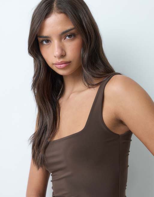 Kaiia exclusive double sculpted slinky square neck mini dress in chocolate, 4 of 5
