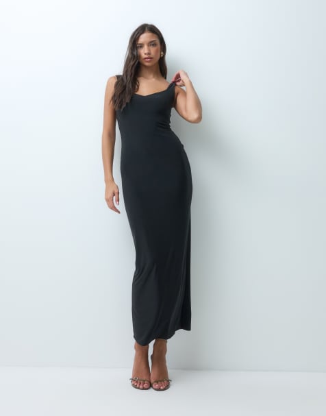 Kaiia exclusive double sculpted slinky sweetheart neckline maxi dress in black - view 1