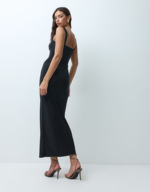 Kaiia exclusive double sculpted slinky sweetheart neckline maxi dress in black, 2 of 5