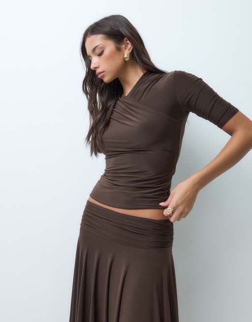 Kaiia exclusive double sculpted slinky wrap front detail 3/4 sleeve top co-ord in chocolate , 3 of 5