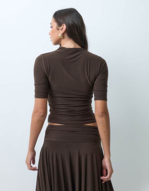 Kaiia exclusive double sculpted slinky wrap front detail 3/4 sleeve top co-ord in chocolate , 4 of 5