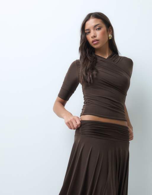 Kaiia exclusive double sculpted slinky wrap front detail 3/4 sleeve top co-ord in chocolate , 5 of 5