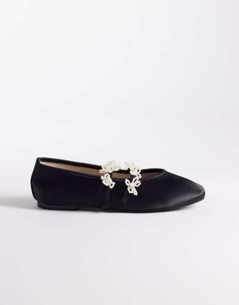 Kaiia exclusive double strap pearl floral satin ballet flats in black - view 1