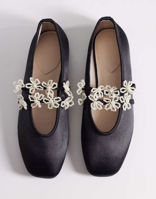 Kaiia exclusive double strap pearl floral satin ballet flats in black, 2 of 4