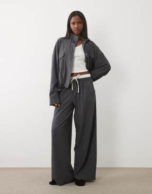 Kaiia Exclusive Double Waistband Wide Leg Tactical Pants In Gray