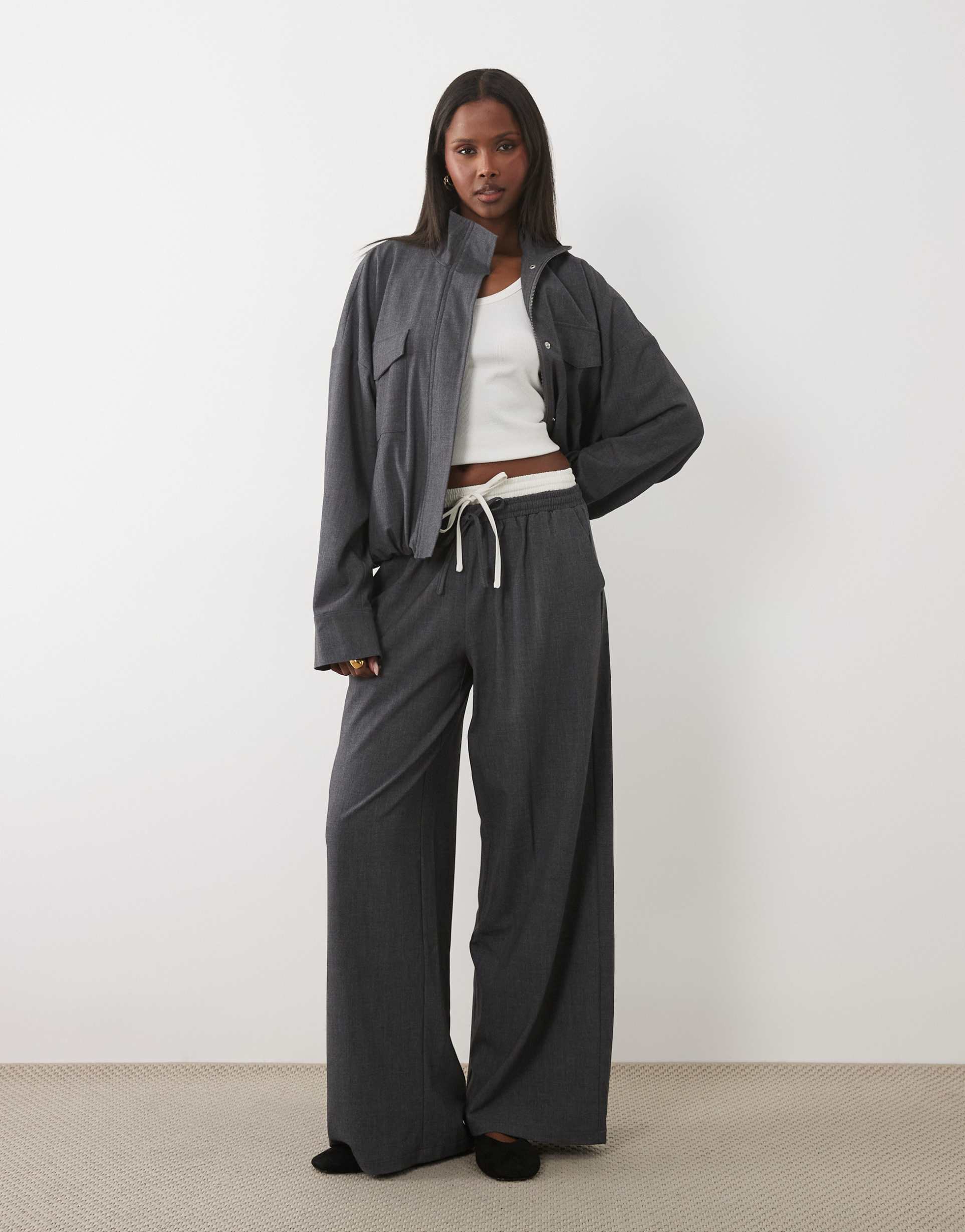 kaiia exclusive double waistband wide leg tactical pants in charcoal - part of a set