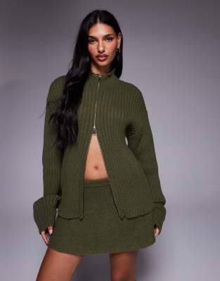 Kaiia exclusive double zip through ribbed knit jumper co-ord in olive