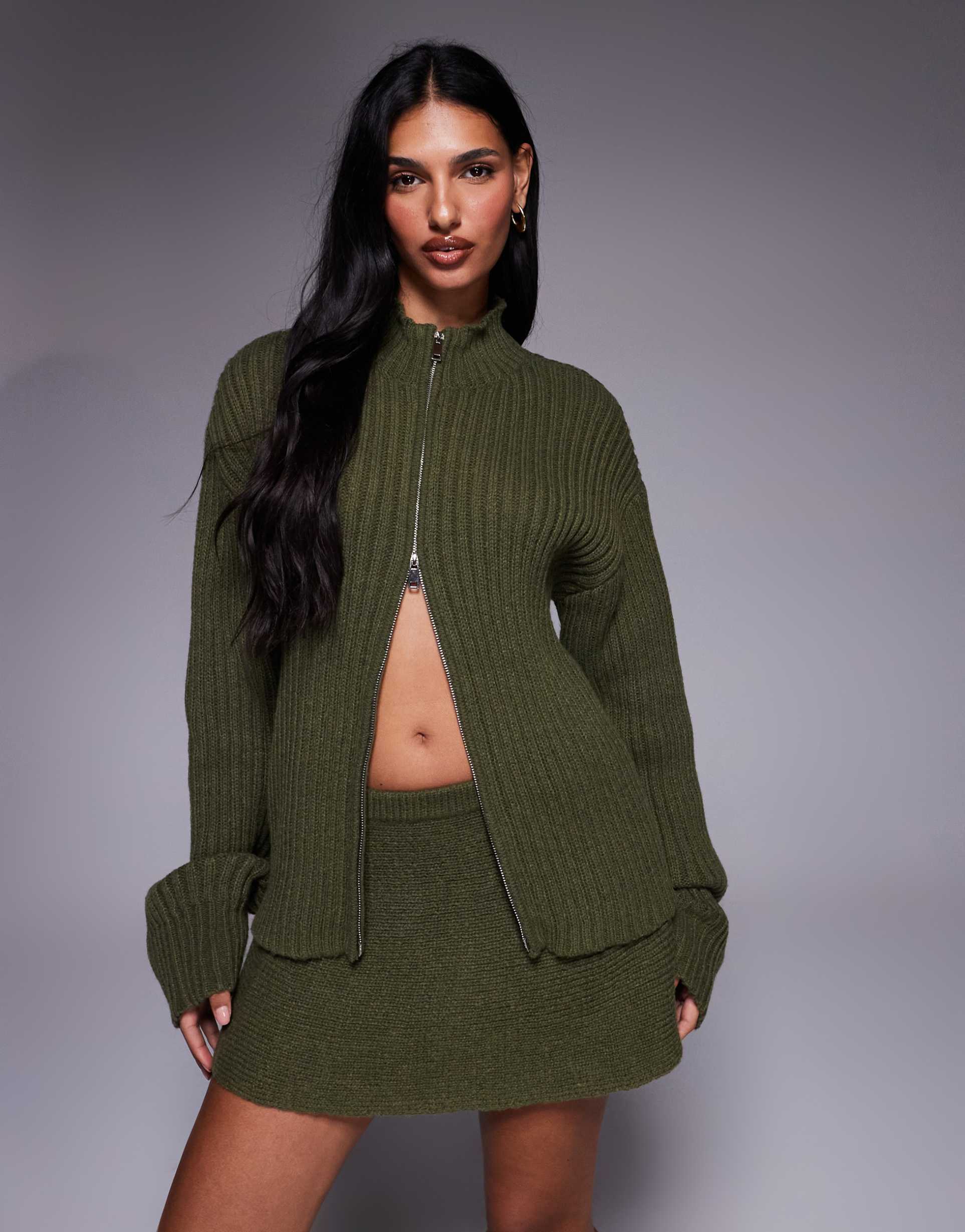 kaiia exclusive double zip up ribbed knit sweater in olive - part of a set