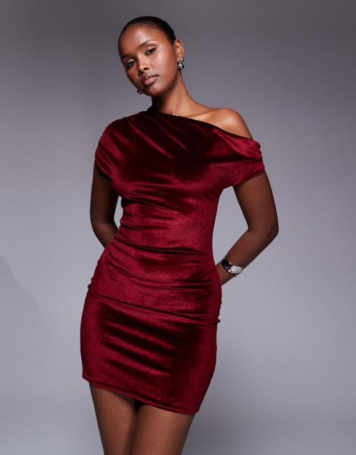Kaiia exclusive drape off shoulder velvet mini dress in burgundy