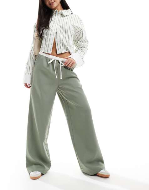 Kaiia exclusive drawstring contrast waist wide leg trousers in sage  