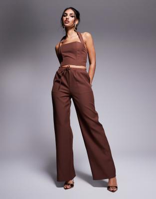 exclusive drawstring waist wide leg pants in chocolate - part of a set-Brown